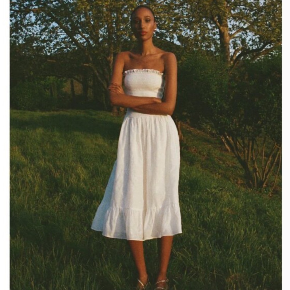Reformation Cream Strapless Smocked Midi Dress